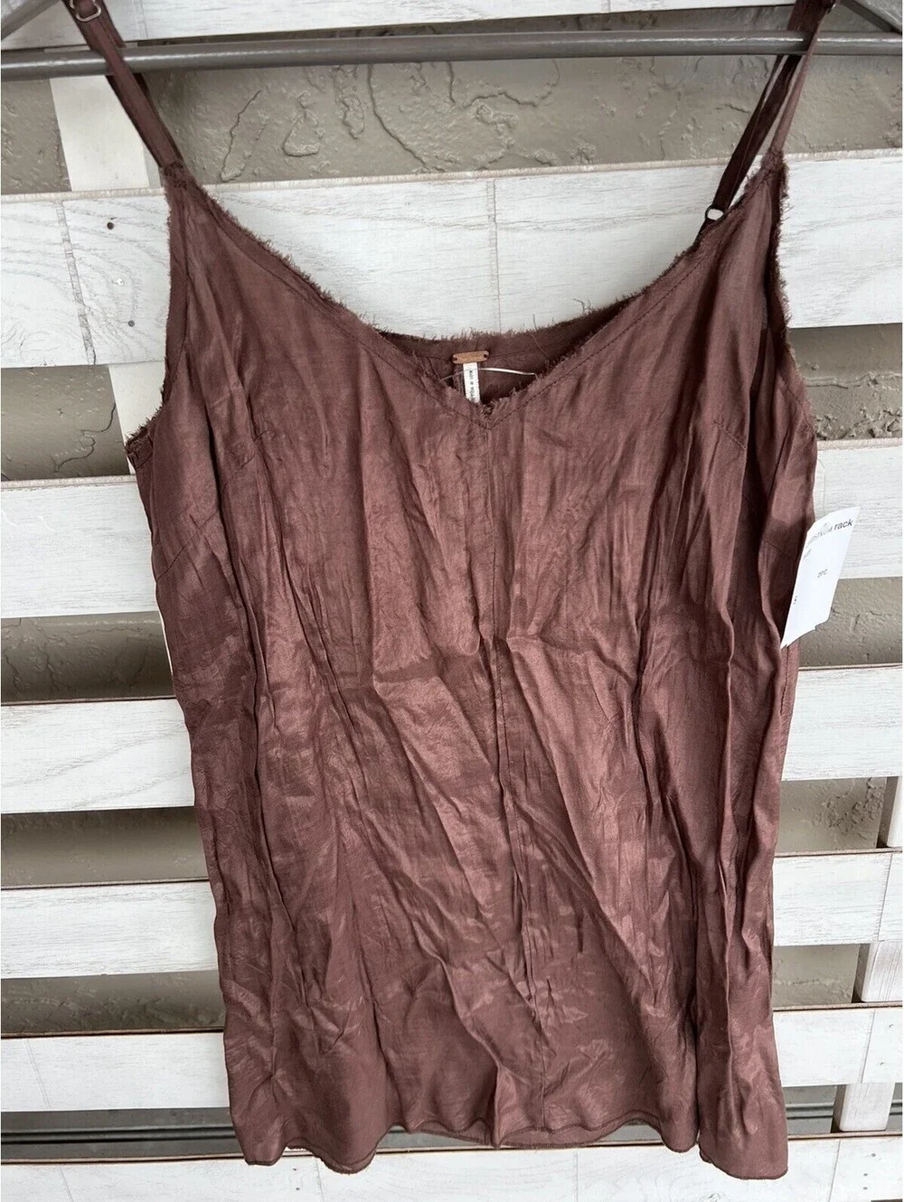 New Free People One Tank Top Small Crinkle Rayon Camisole Brown V Neck FP.